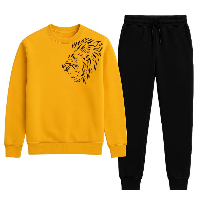 Lion Printed Yellow Tracksuit | Warm Winter Wear – XL