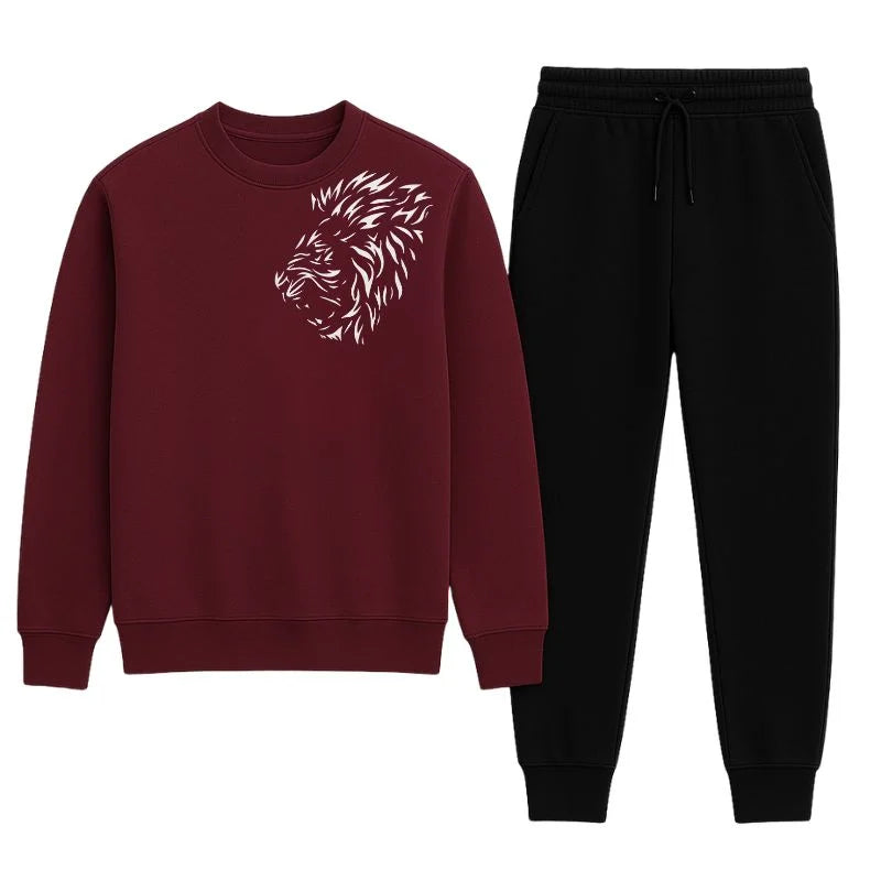Lion Printed Maroon Tracksuit | Warm Winter Wear – Large