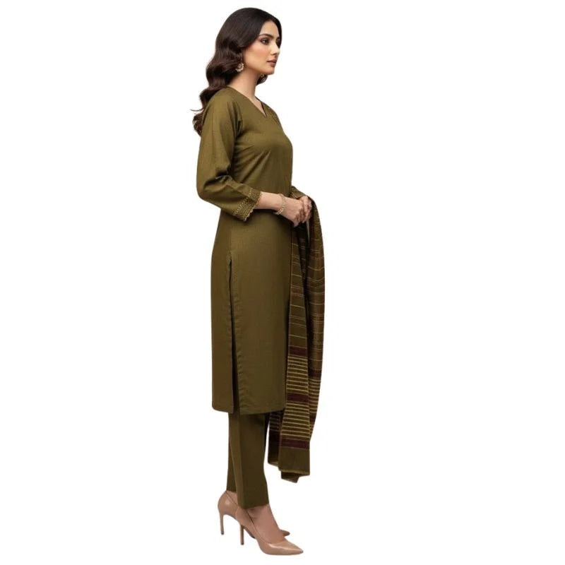 Winter Sussi Silk 3-Piece Unstitched Suit – Olive Green