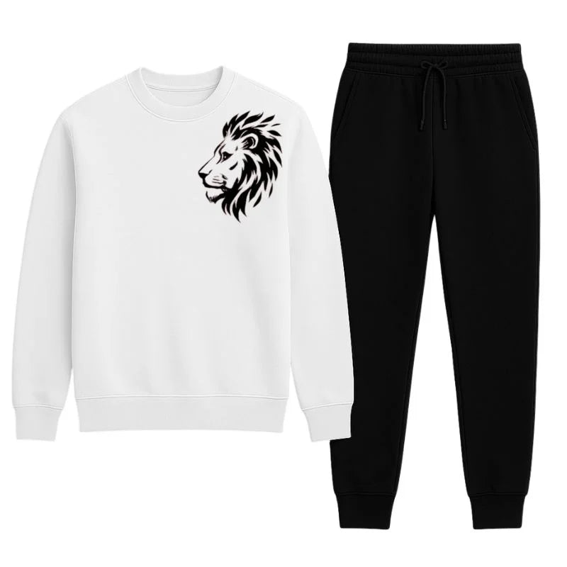 Lion Printed White Tracksuit | Warm Winter Wear – Medium