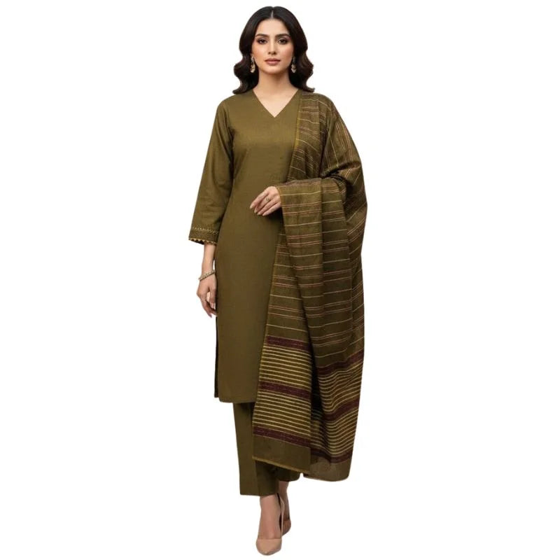 Winter Sussi Silk 3-Piece Unstitched Suit – Olive Green