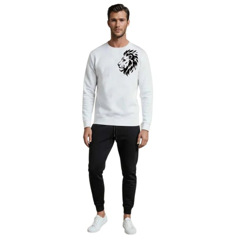 Lion Printed White Tracksuit | Warm Winter Wear – Medium