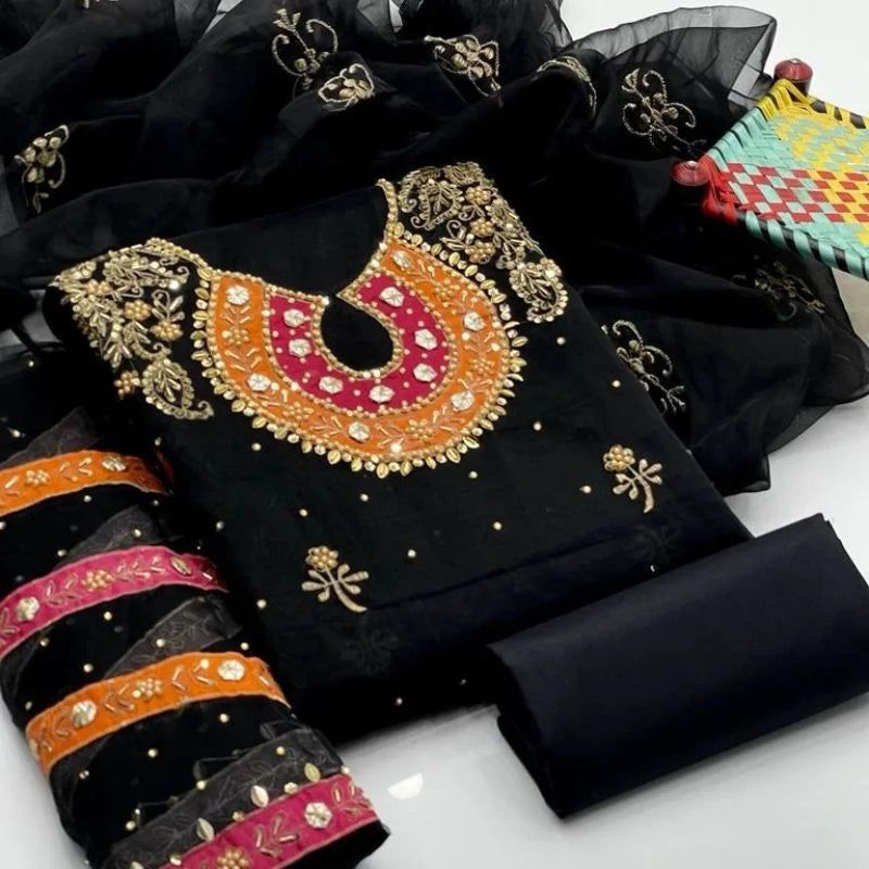 Organza 3-Piece Unstitched Suit | Aari, Zari & Beads Work