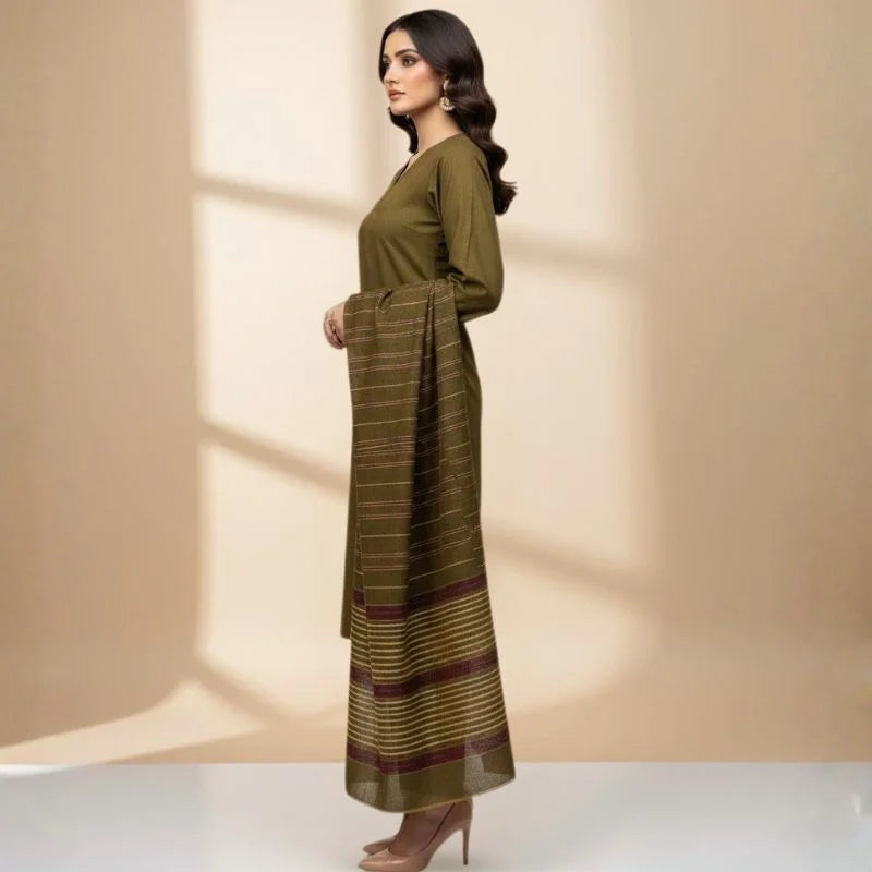 Winter Sussi Silk 3-Piece Unstitched Suit – Olive Green