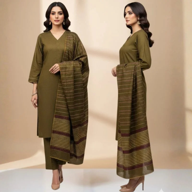 Winter Sussi Silk 3-Piece Unstitched Suit – Olive Green