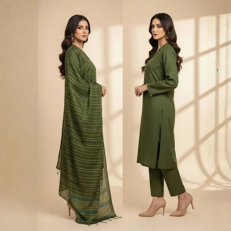 Winter Sussi Silk 3-Piece Unstitched Suit – Bottle Green
