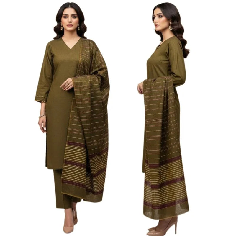 Winter Sussi Silk 3-Piece Unstitched Suit – Olive Green