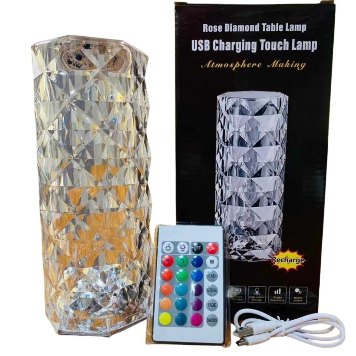 16-Colour Diamond Rose Crystal Touch Lamp | USB Rechargeable with Remote