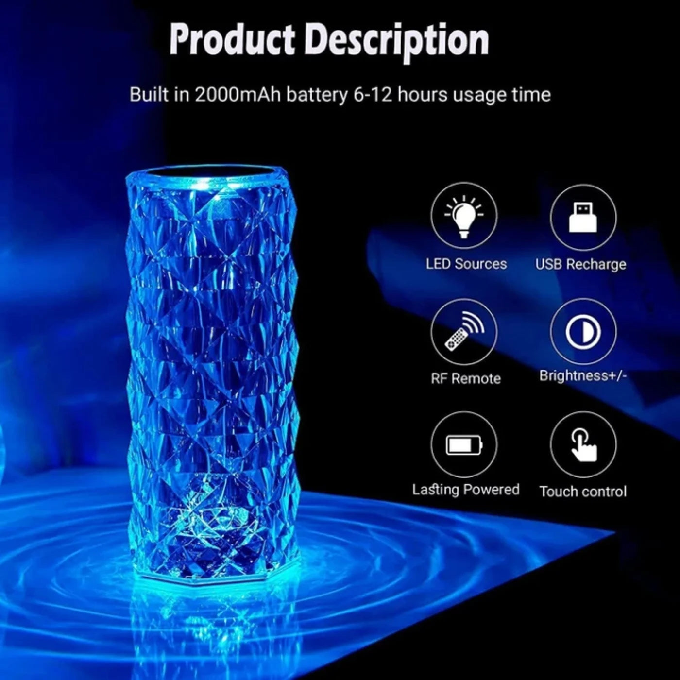 16-Colour Diamond Rose Crystal Touch Lamp | USB Rechargeable with Remote